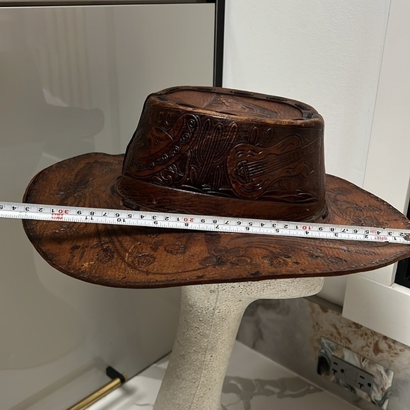 Vintage Leather Hand Tooled Hand Made Leather Western Gaucho Hat Sz 7 1/2 main image 13